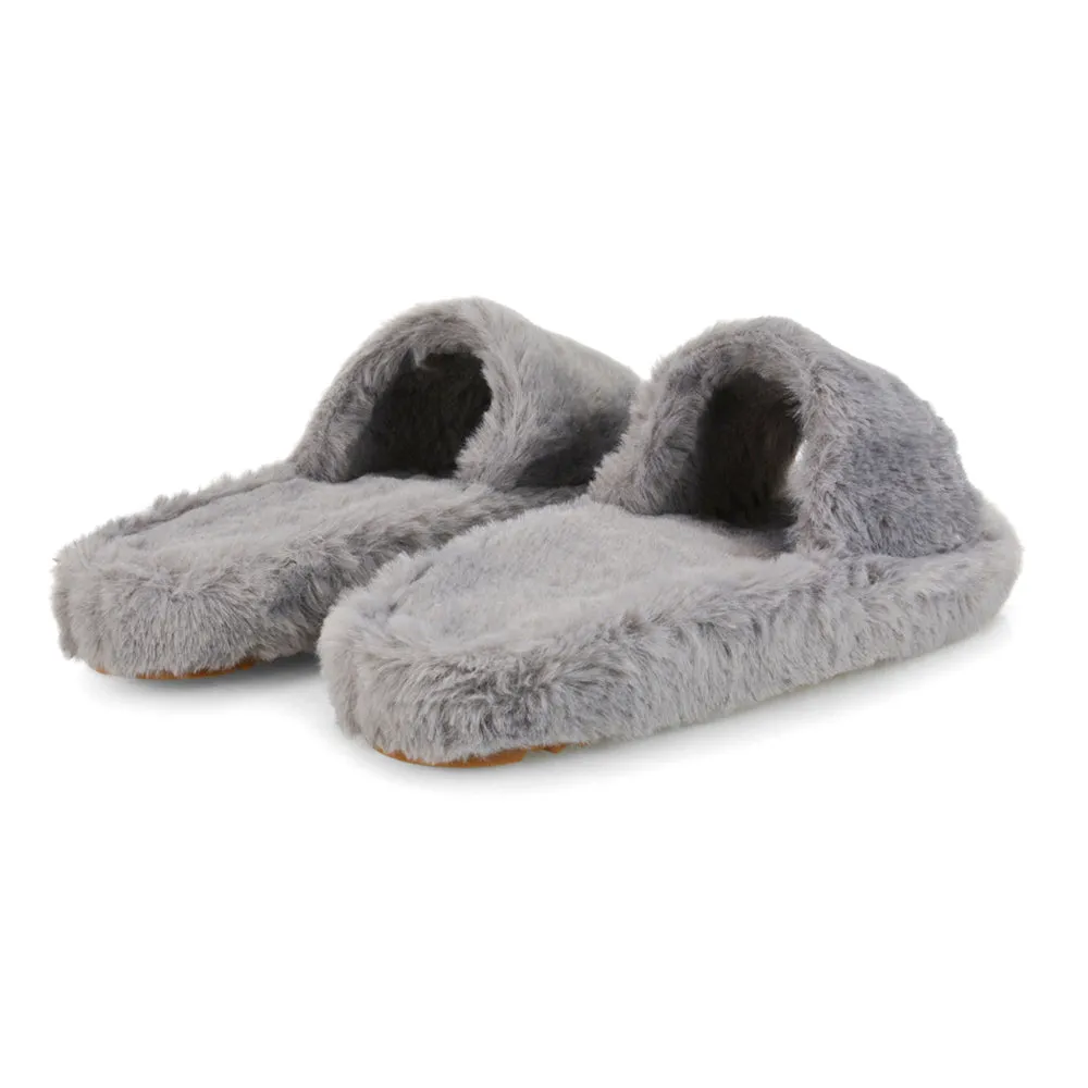 Tally Flat Fluffy Faux Fur Thick Front Strap Slider Women???s Slippers in Grey