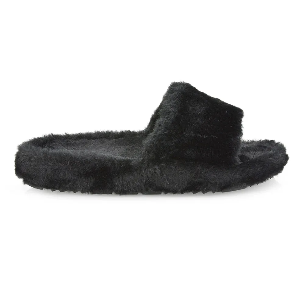 Tally Flat Fluffy Faux Fur Thick Front Strap Slider Women???s Slippers in Grey