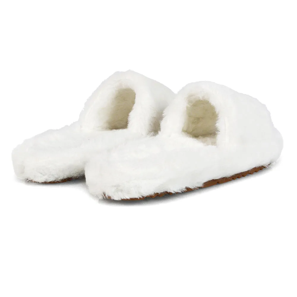 Tally Flat Fluffy Faux Fur Thick Front Strap Slider Women???s Slippers in Grey