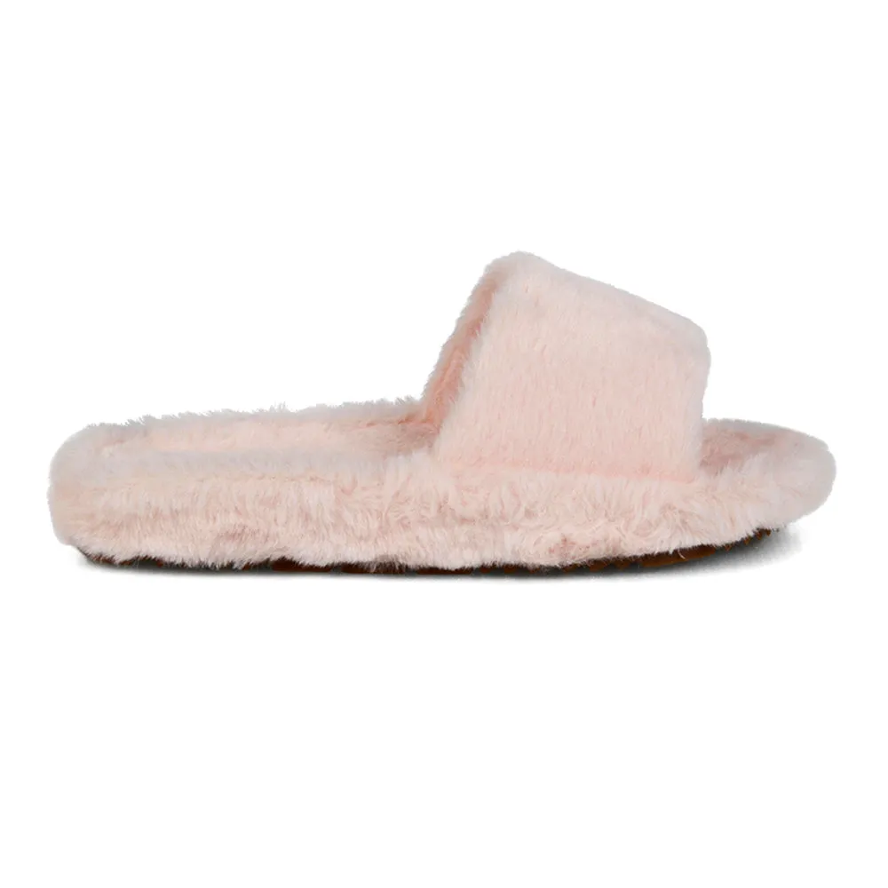 Tally Flat Fluffy Faux Fur Thick Front Strap Slider Women???s Slippers in Grey