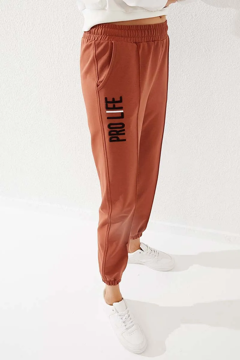 TMY Cinnamon Writing Embroidered Comfortable Fit Elastic Cuff Women's Sweatpants - 94571 - Albany