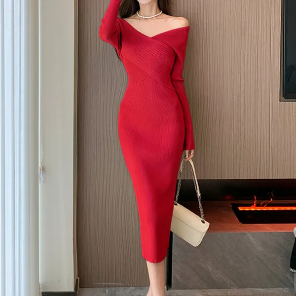 V-Neck Retro Solid Color Wrap Hip Knitted Dress