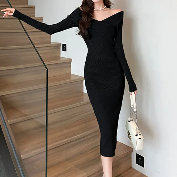 V-Neck Retro Solid Color Wrap Hip Knitted Dress