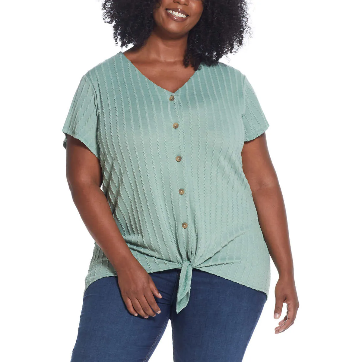 Weatherproof Vintage Women's Tie Front T-Shirt V-Neck Braided Knit Top