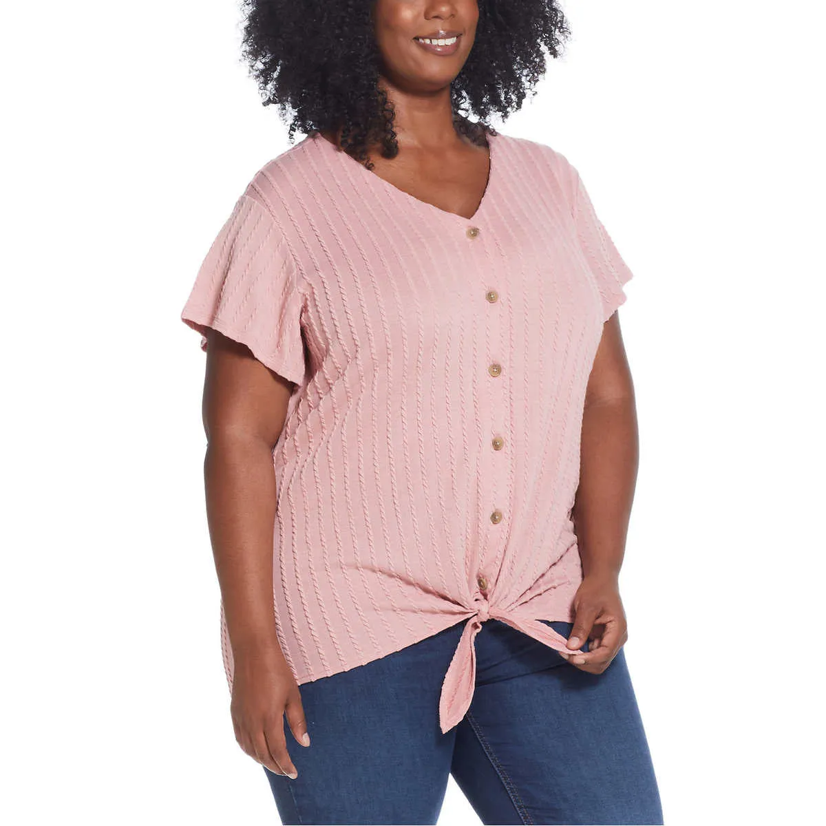 Weatherproof Vintage Women's Tie Front T-Shirt V-Neck Braided Knit Top