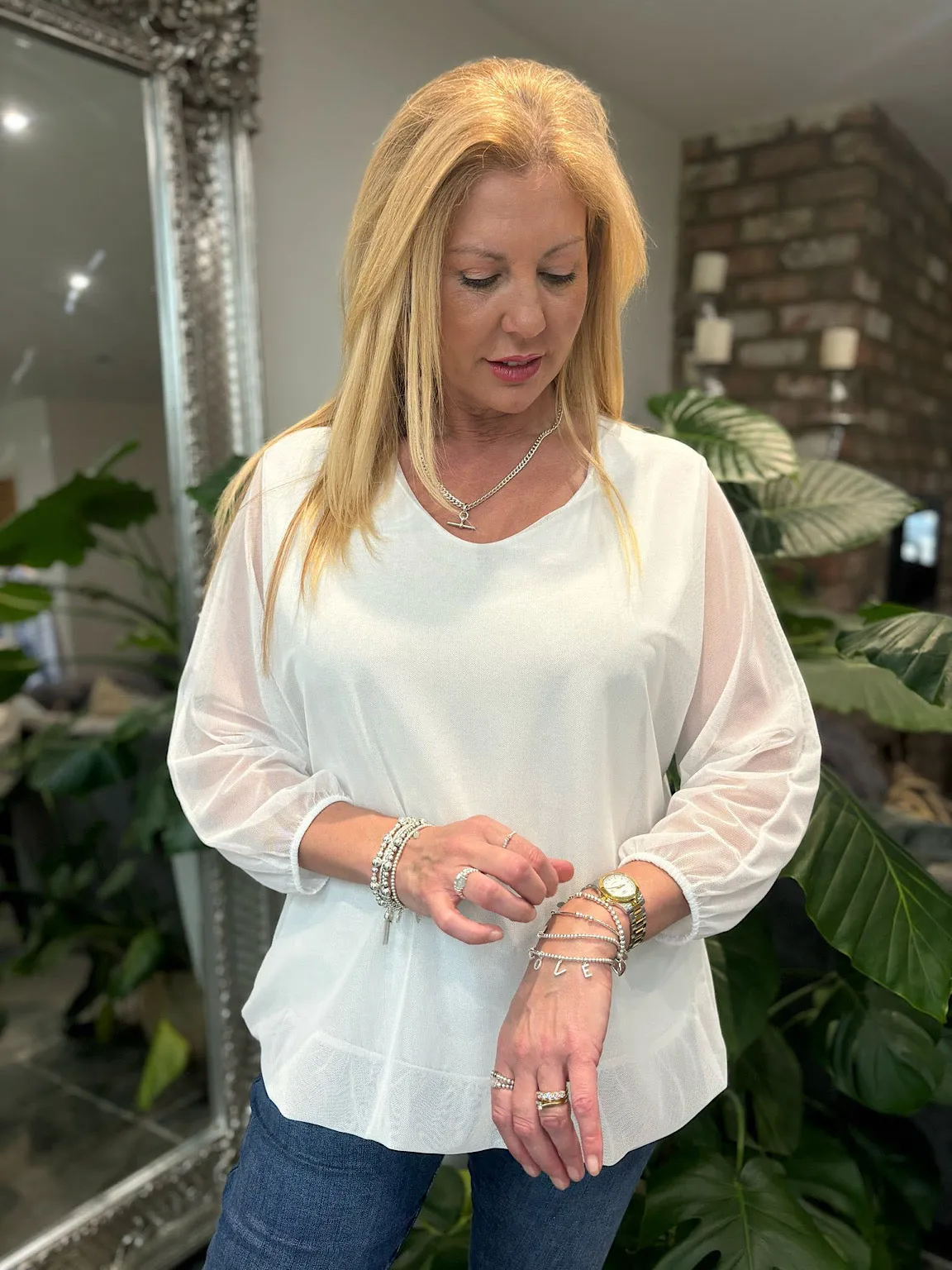 White Fine Mesh Layer Top Samantha