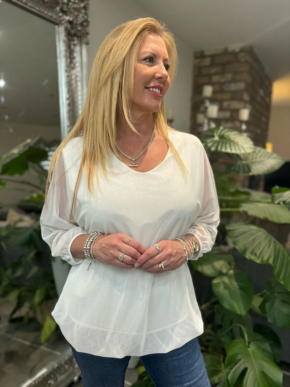 White Fine Mesh Layer Top Samantha