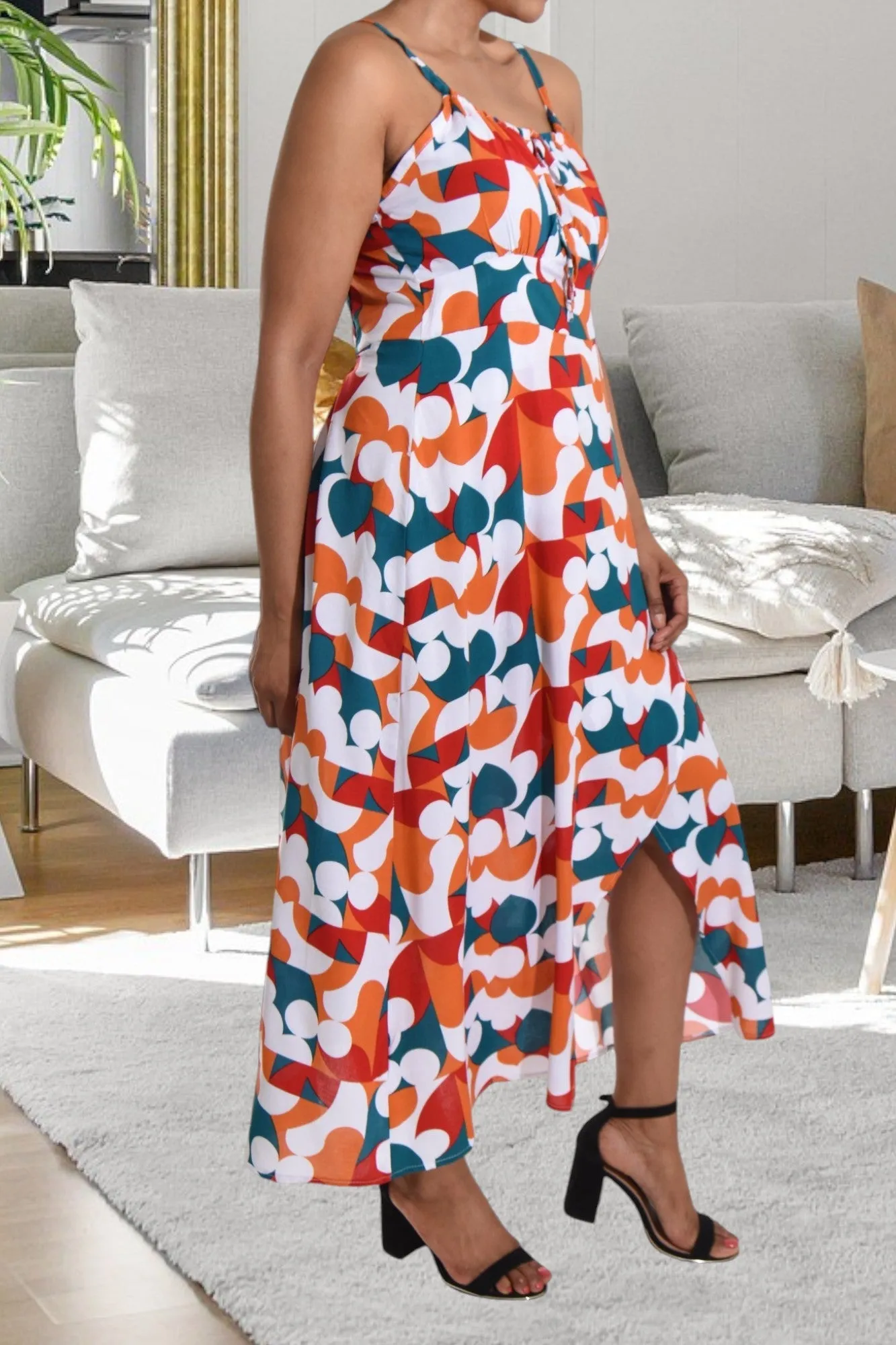 White Multi Print Strappy Slit Dress