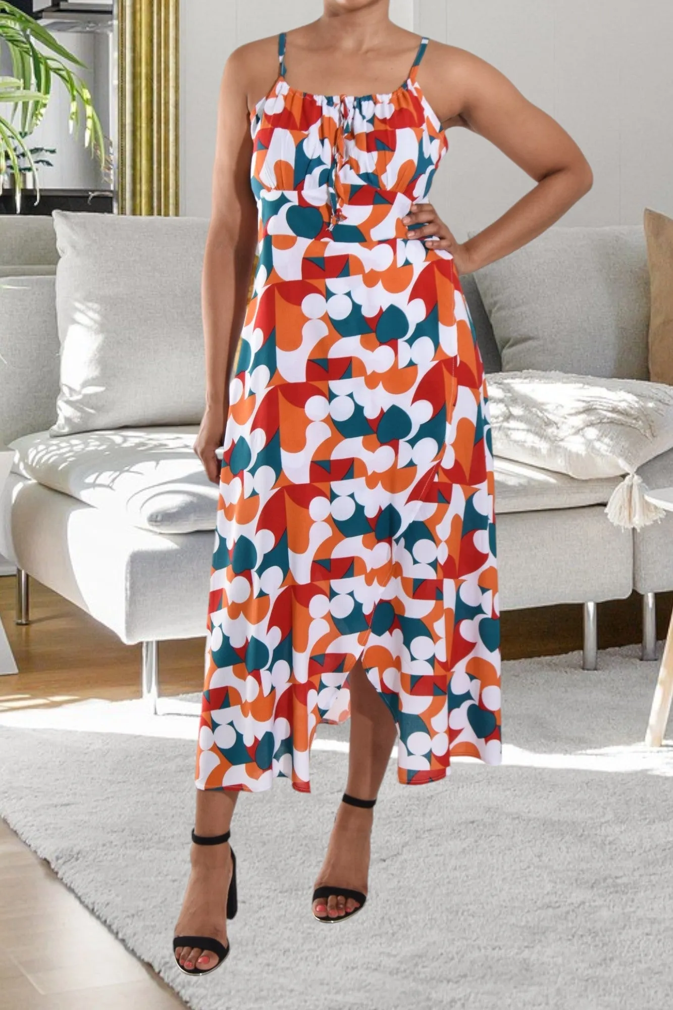 White Multi Print Strappy Slit Dress