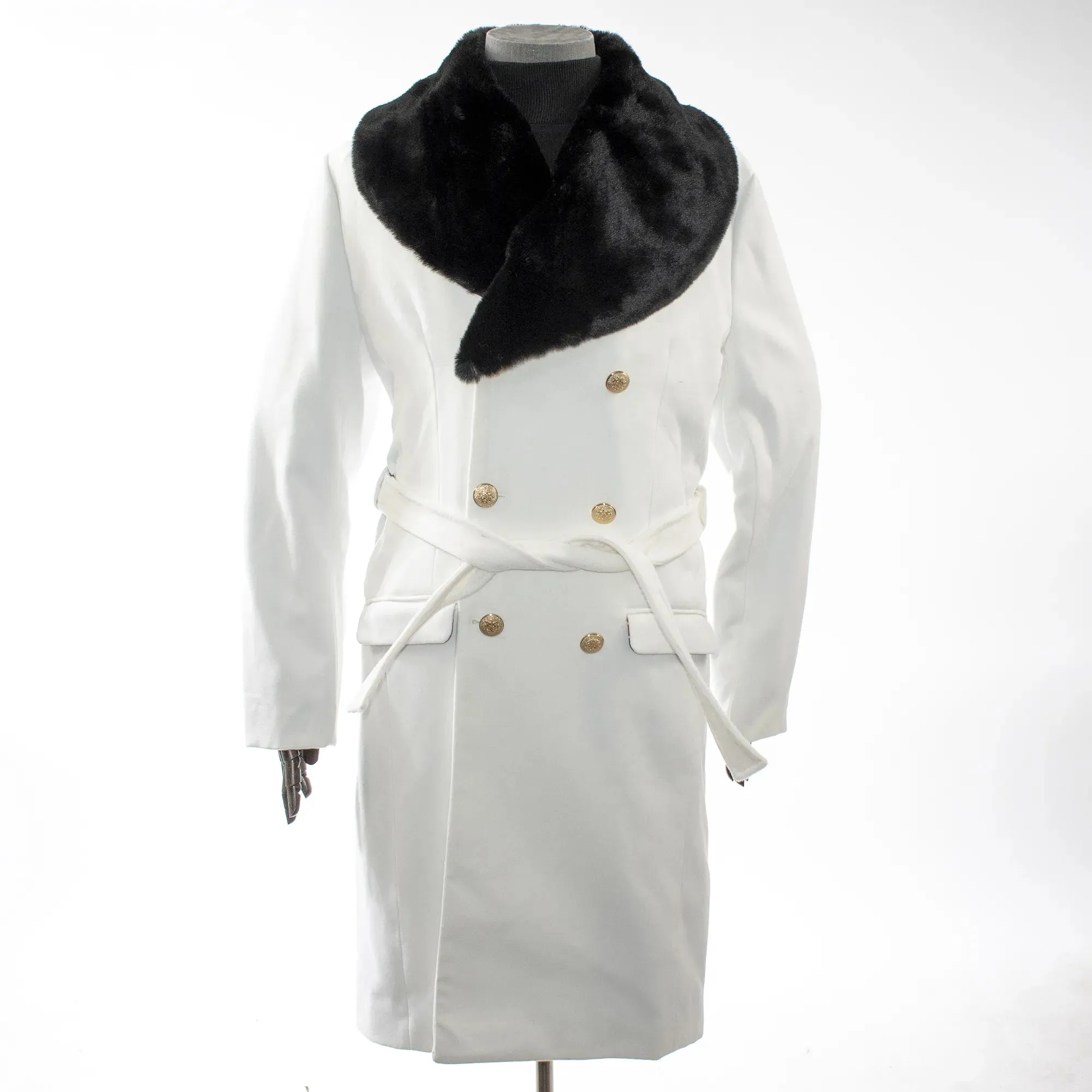 White Overcoat With Removable Black Fur Collar