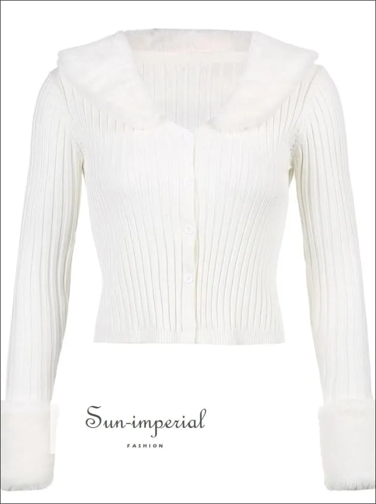 Women Beige WIth Braid Detail Plush Faux Fur Collar and Cuff Knit Cropped Cardigan