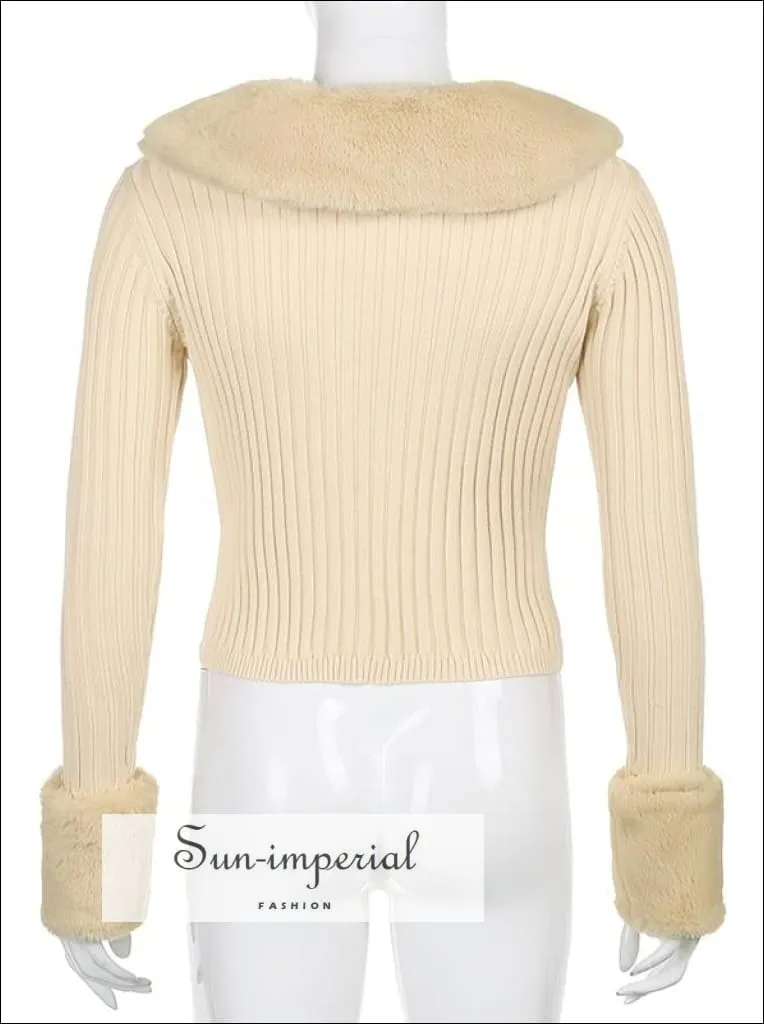 Women Beige WIth Braid Detail Plush Faux Fur Collar and Cuff Knit Cropped Cardigan