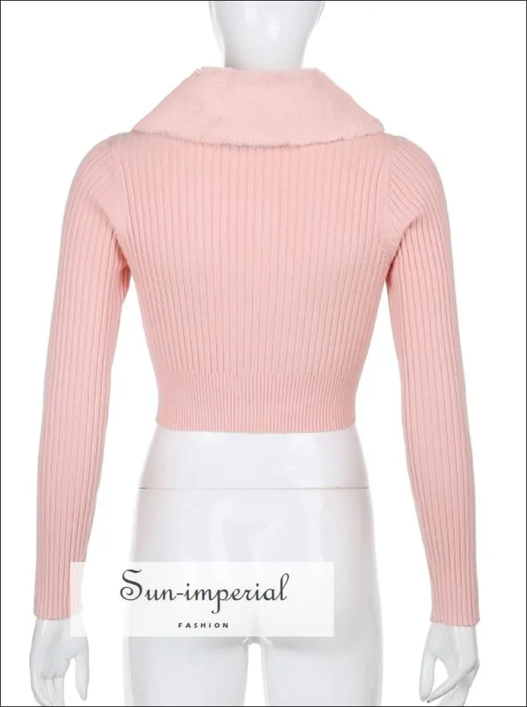 Women Beige WIth Braid Detail Plush Faux Fur Collar and Cuff Knit Cropped Cardigan