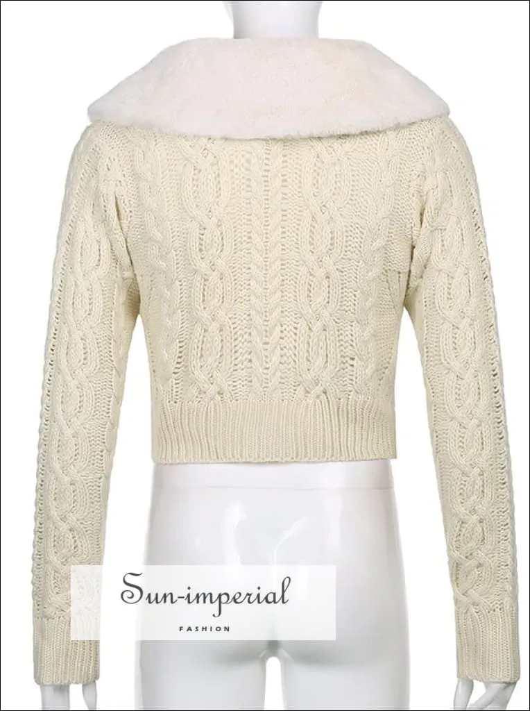 Women Beige WIth Braid Detail Plush Faux Fur Collar and Cuff Knit Cropped Cardigan