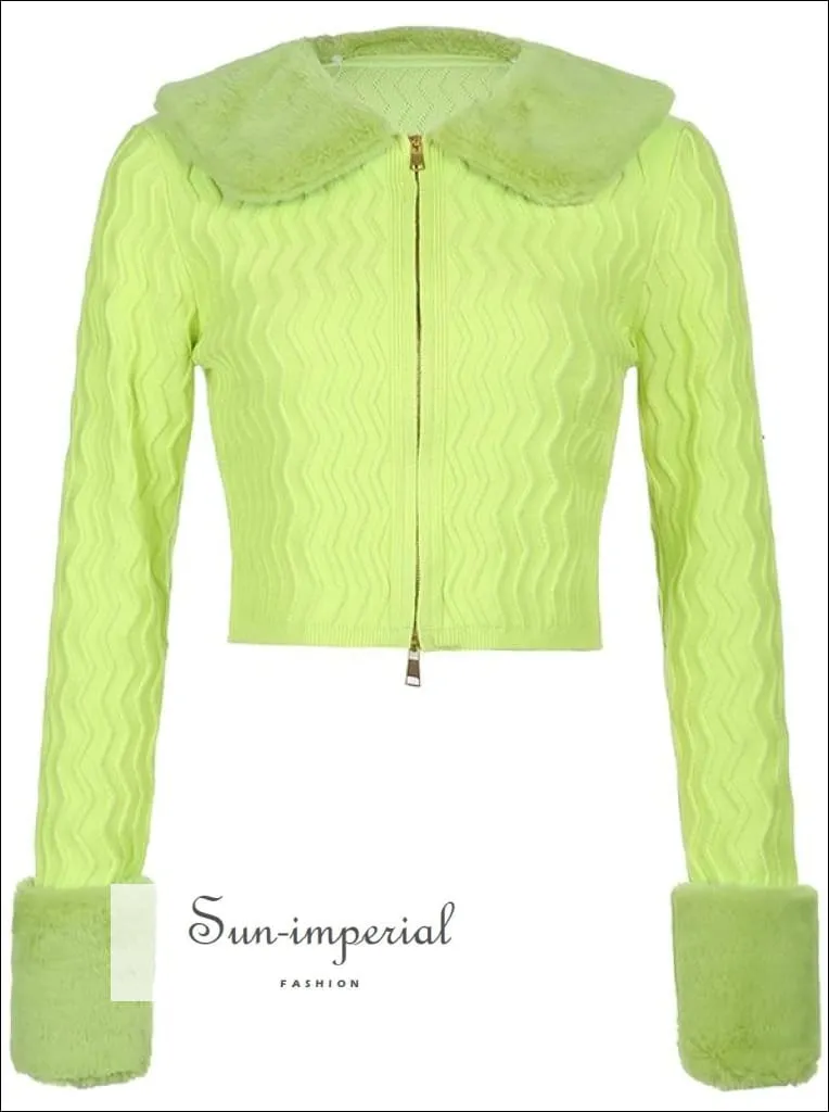 Women Beige WIth Braid Detail Plush Faux Fur Collar and Cuff Knit Cropped Cardigan