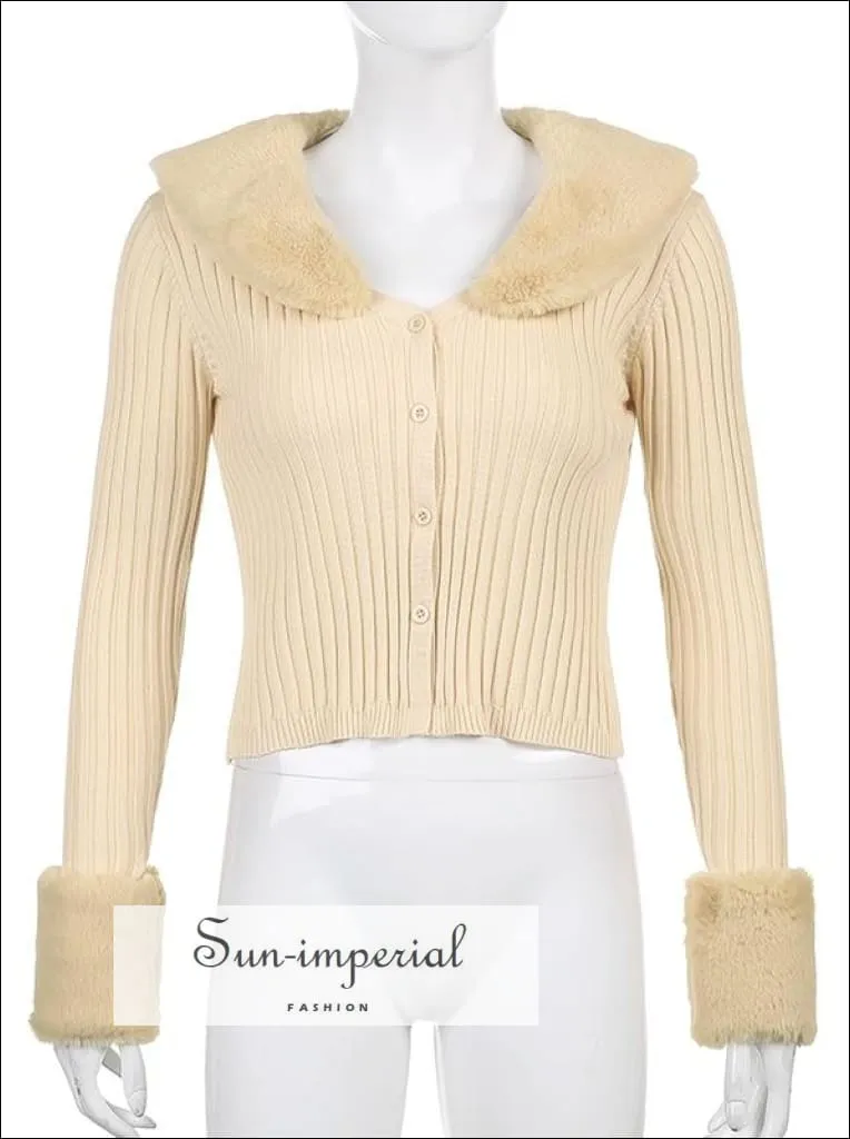 Women Beige WIth Braid Detail Plush Faux Fur Collar and Cuff Knit Cropped Cardigan