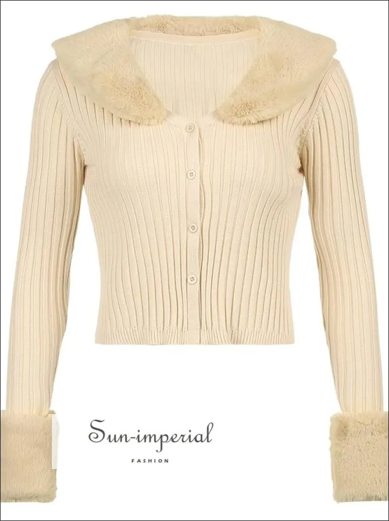 Women Beige WIth Braid Detail Plush Faux Fur Collar and Cuff Knit Cropped Cardigan