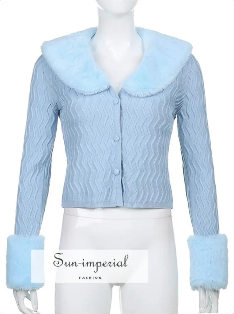 Women Beige WIth Braid Detail Plush Faux Fur Collar and Cuff Knit Cropped Cardigan