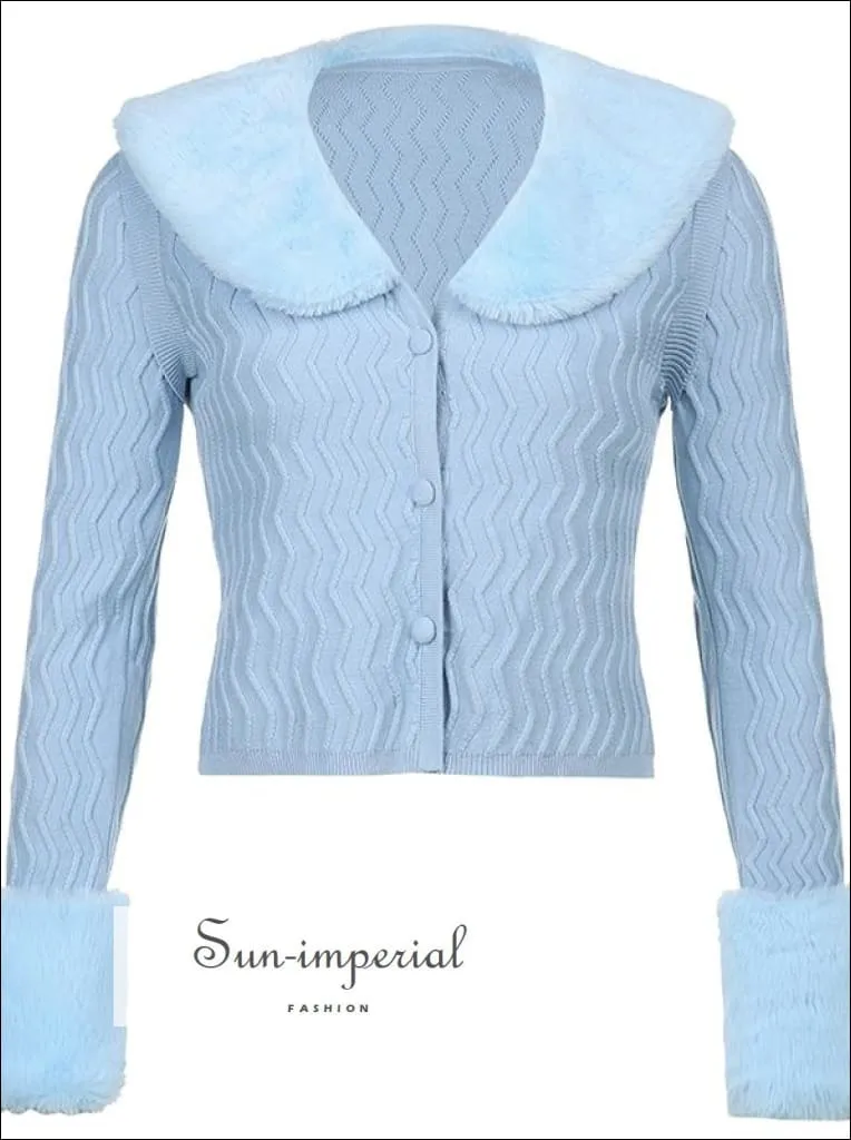 Women Beige WIth Braid Detail Plush Faux Fur Collar and Cuff Knit Cropped Cardigan