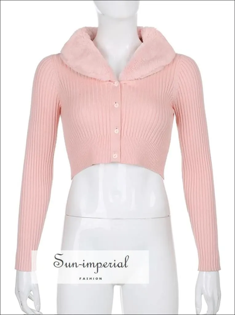 Women Beige WIth Braid Detail Plush Faux Fur Collar and Cuff Knit Cropped Cardigan