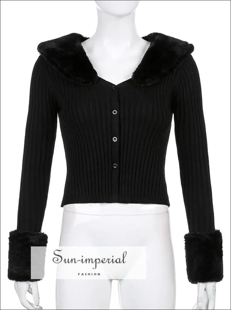 Women Beige WIth Braid Detail Plush Faux Fur Collar and Cuff Knit Cropped Cardigan