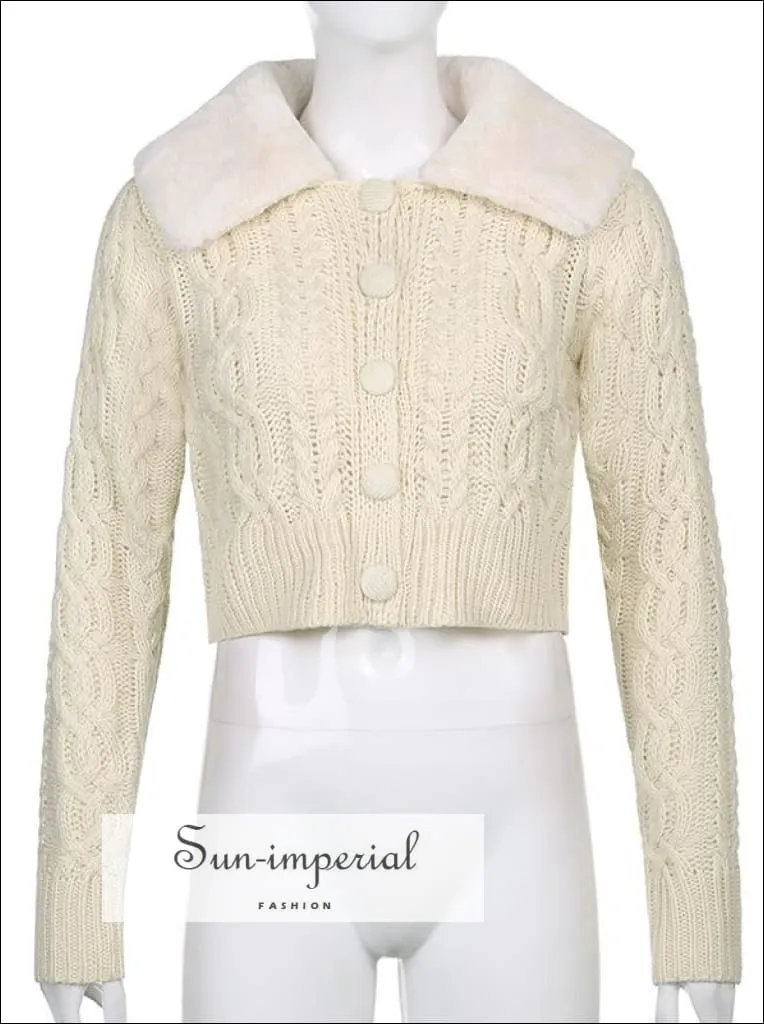 Women Beige WIth Braid Detail Plush Faux Fur Collar and Cuff Knit Cropped Cardigan