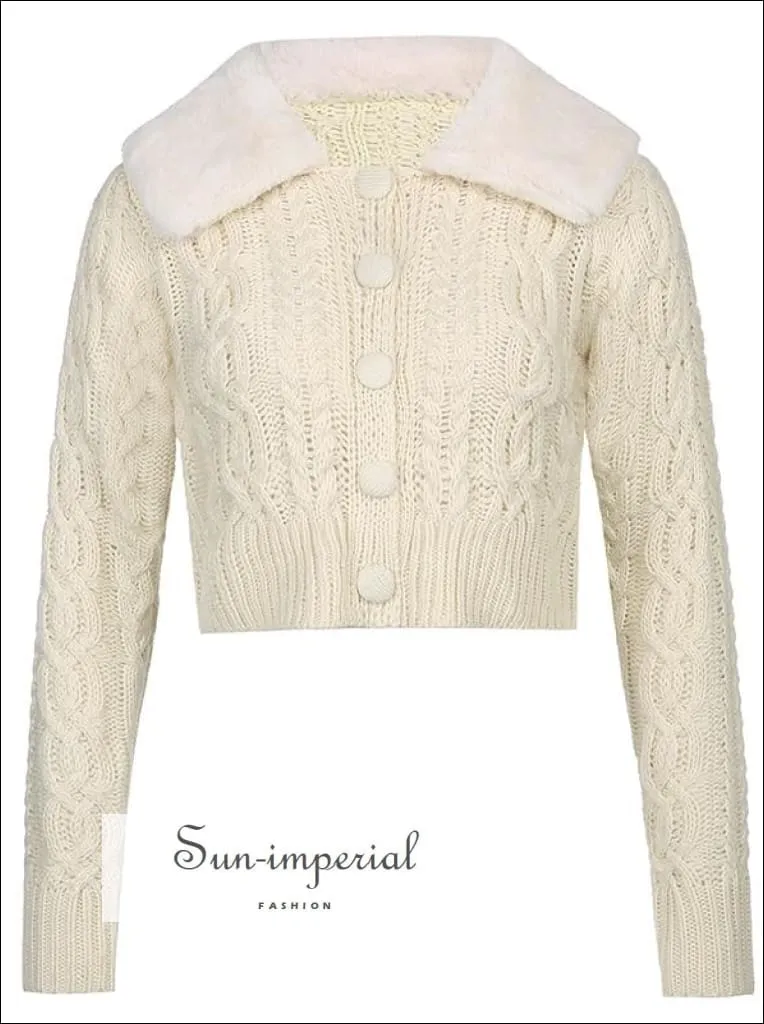 Women Beige WIth Braid Detail Plush Faux Fur Collar and Cuff Knit Cropped Cardigan