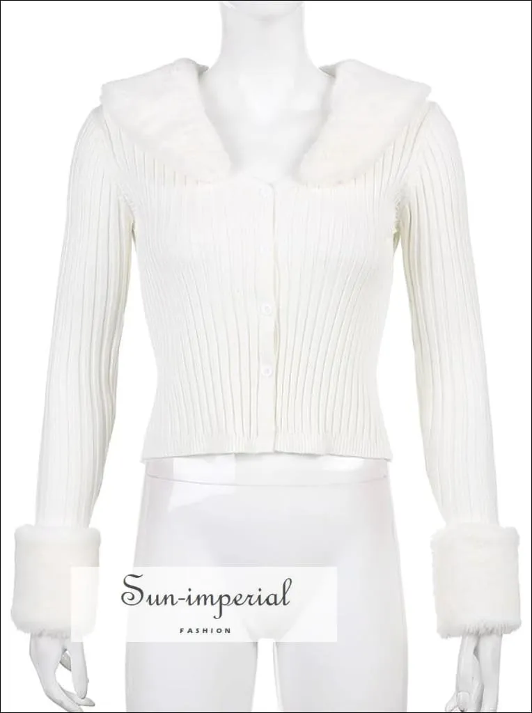 Women Beige WIth Braid Detail Plush Faux Fur Collar and Cuff Knit Cropped Cardigan