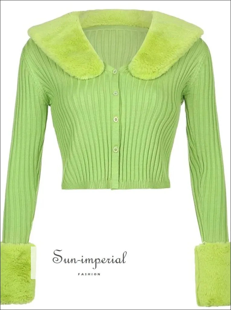 Women Beige WIth Braid Detail Plush Faux Fur Collar and Cuff Knit Cropped Cardigan