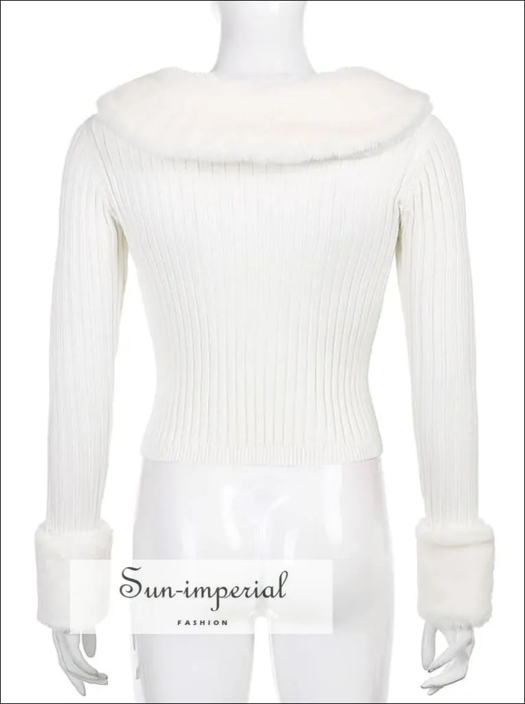 Women Beige WIth Braid Detail Plush Faux Fur Collar and Cuff Knit Cropped Cardigan