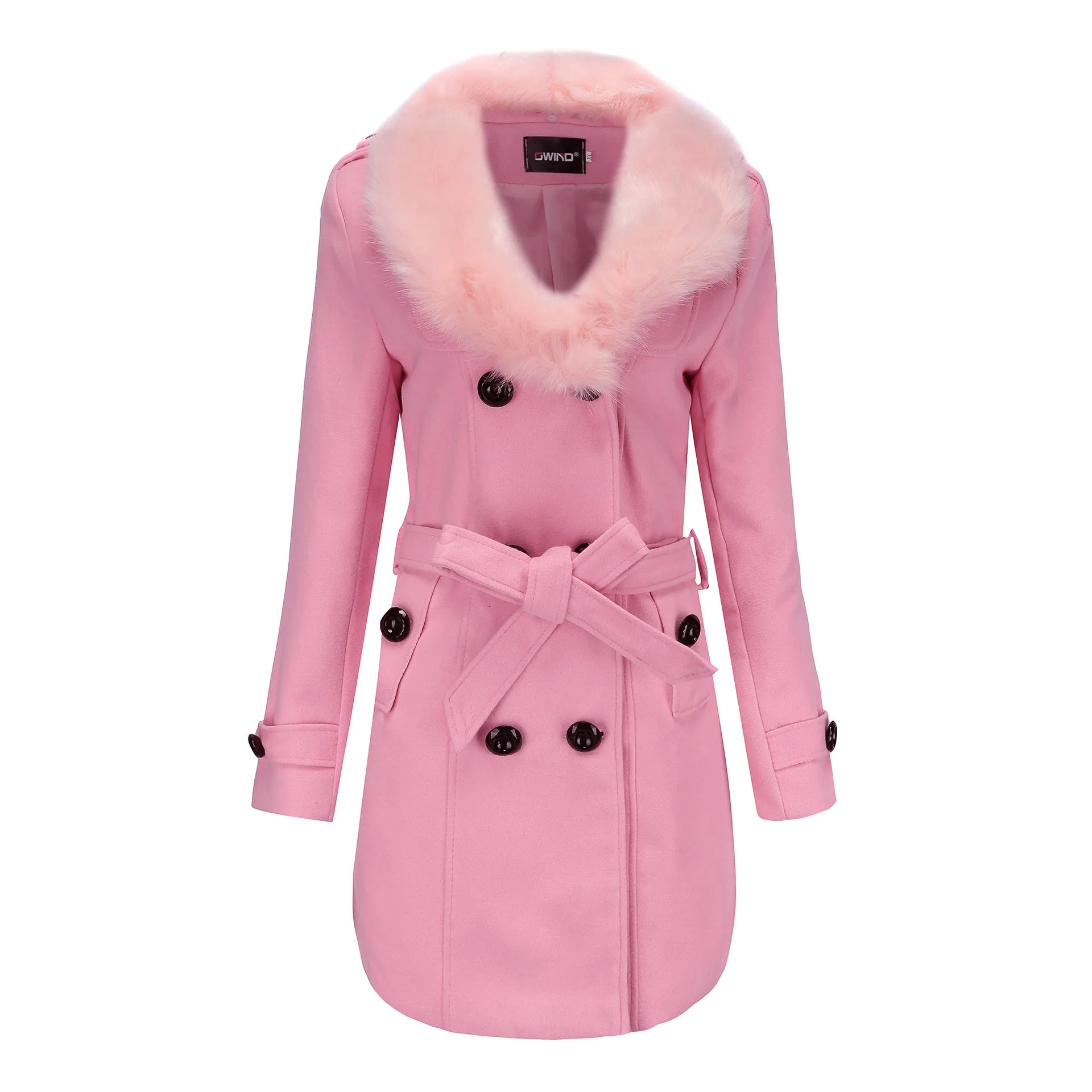Women’s Mid Length Wool Coat with Fur Collar and Waist Tie