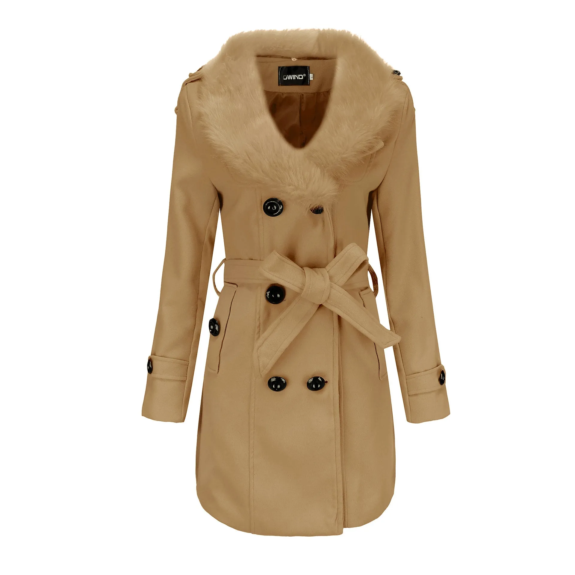 Women’s Mid Length Wool Coat with Fur Collar and Waist Tie