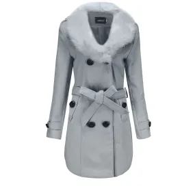 Women’s Mid Length Wool Coat with Fur Collar and Waist Tie