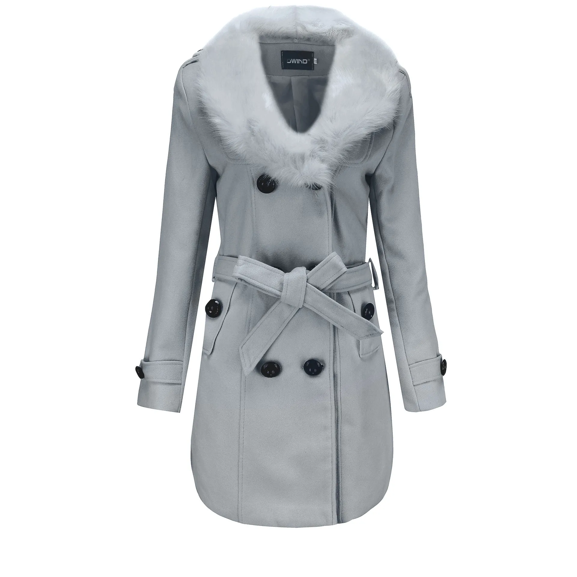 Women’s Mid Length Wool Coat with Fur Collar and Waist Tie