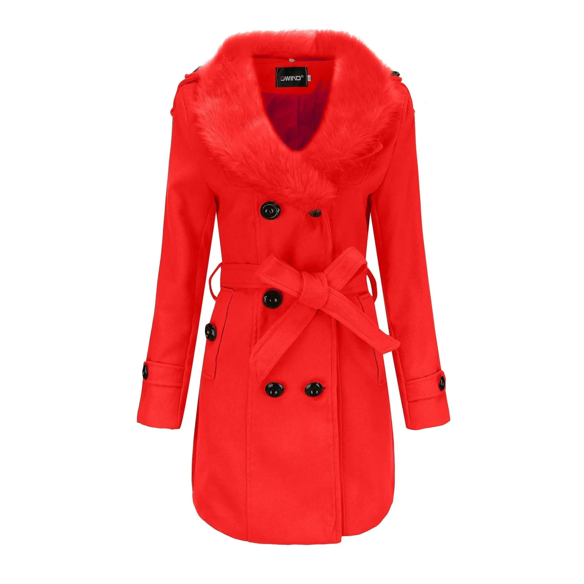 Women’s Mid Length Wool Coat with Fur Collar and Waist Tie