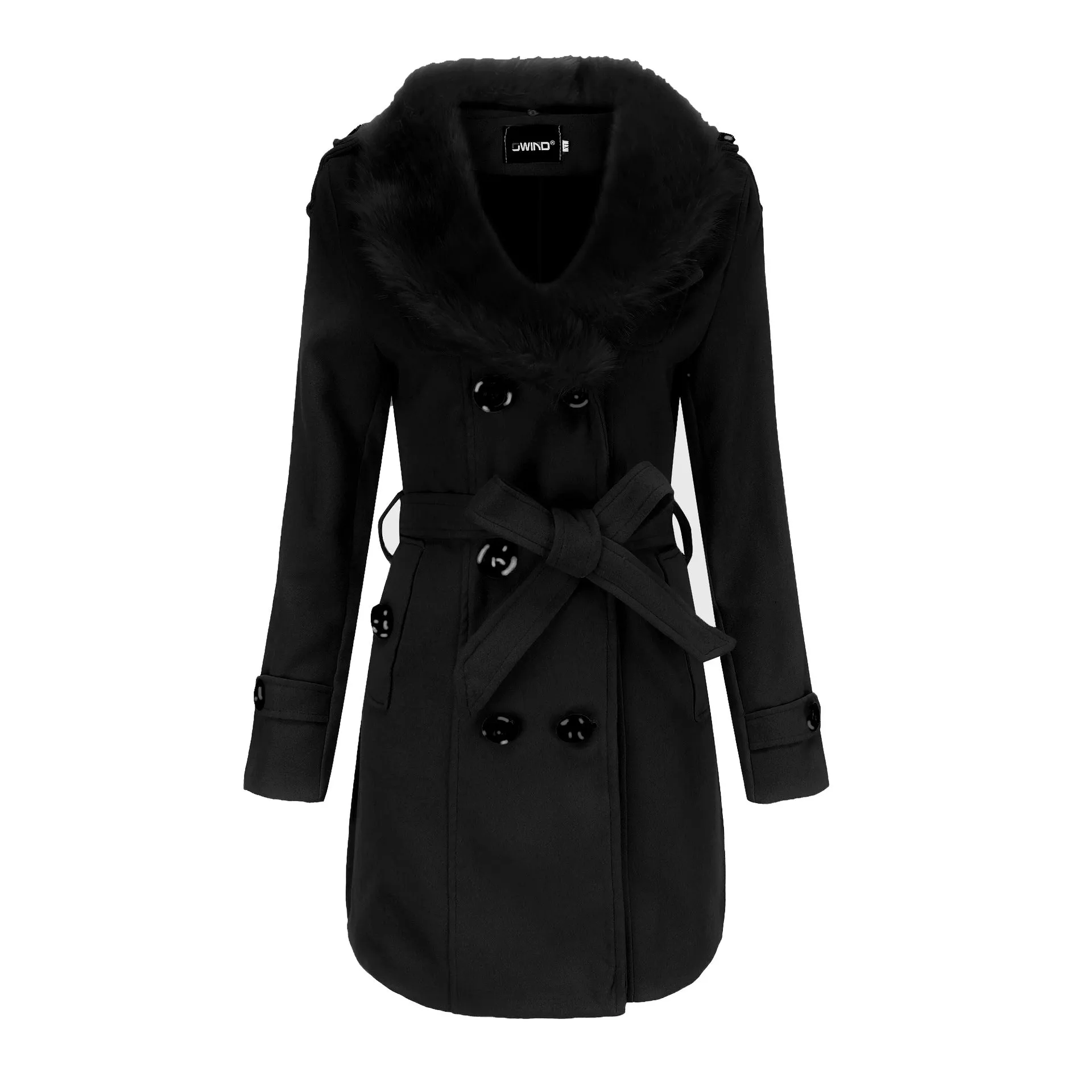 Women’s Mid Length Wool Coat with Fur Collar and Waist Tie