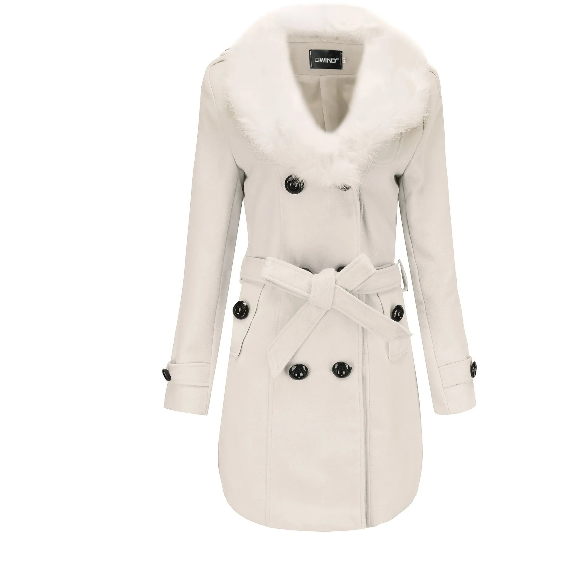 Women’s Mid Length Wool Coat with Fur Collar and Waist Tie