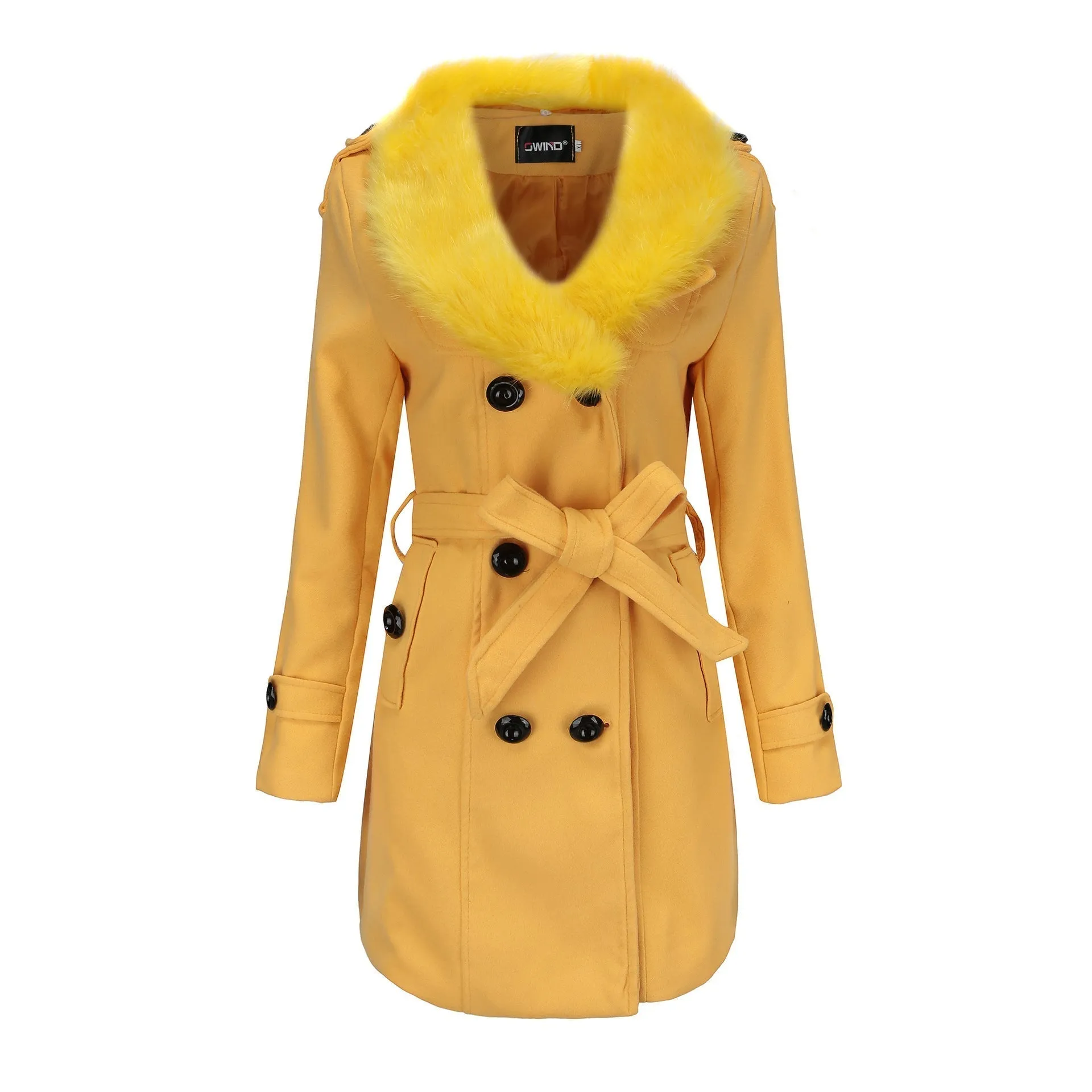 Women’s Mid Length Wool Coat with Fur Collar and Waist Tie
