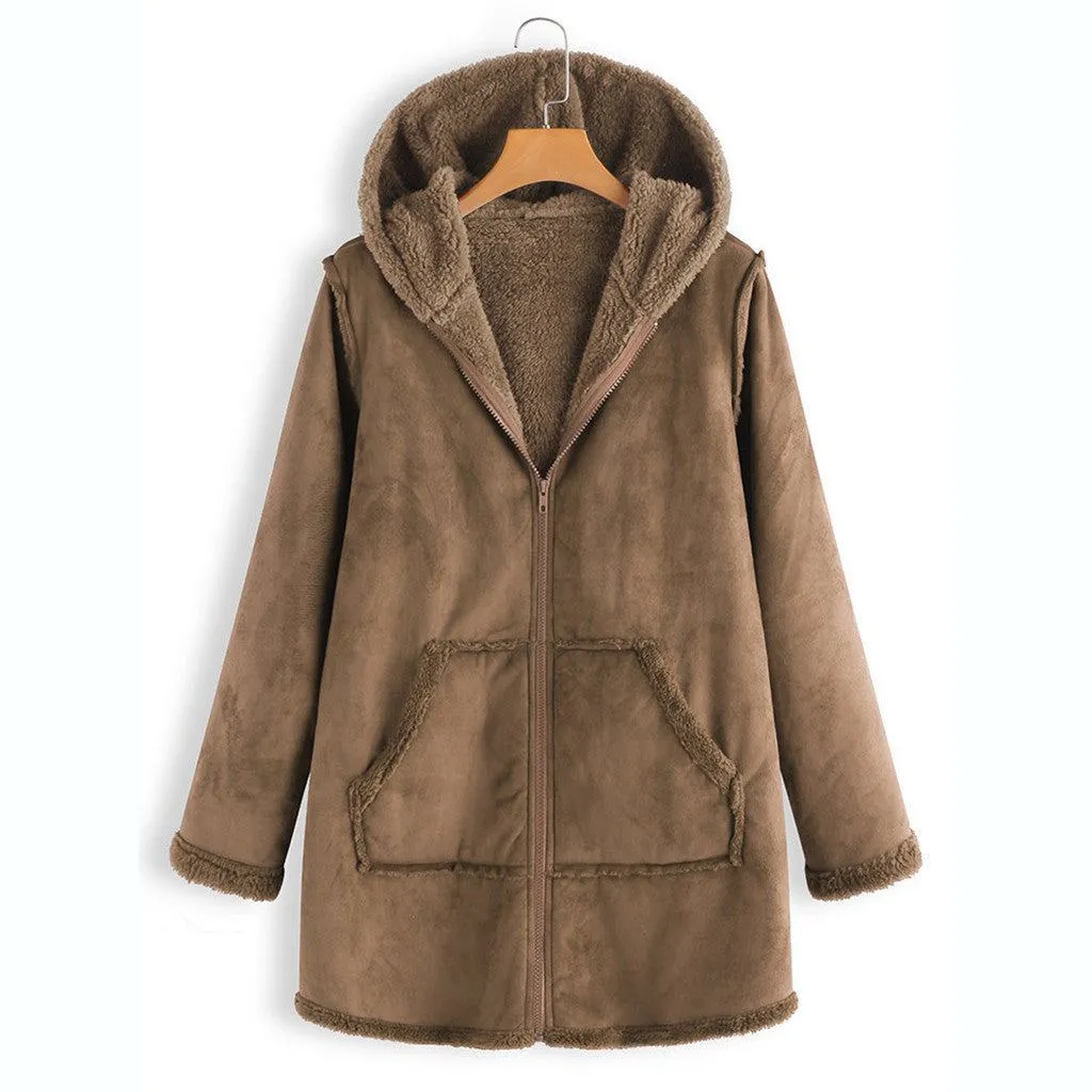 Women’s Plush Hooded Coat with Pockets in 2 Colors M-5XL