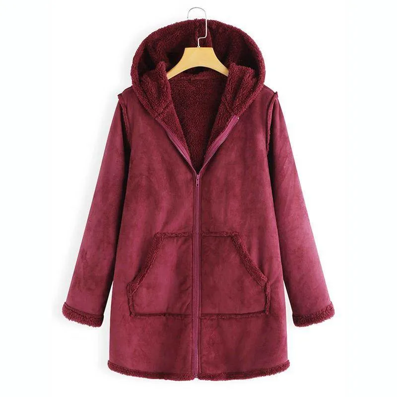 Women’s Plush Hooded Coat with Pockets in 2 Colors M-5XL