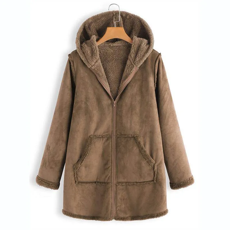 Women’s Plush Hooded Coat with Pockets in 2 Colors M-5XL
