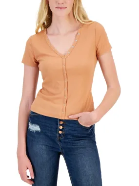 Women's Snap Front Ribbed Top,Orange