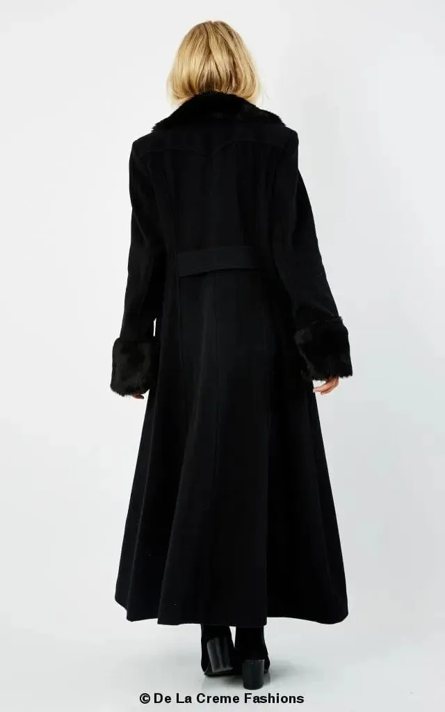 Wool Blend Faux Fur Trim Maxi Coat (2004-FUR) -Wool Blend Coat