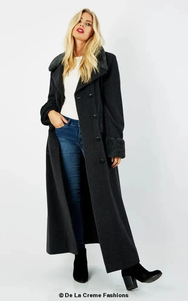Wool Blend Faux Fur Trim Maxi Coat (2004-FUR) -Wool Blend Coat