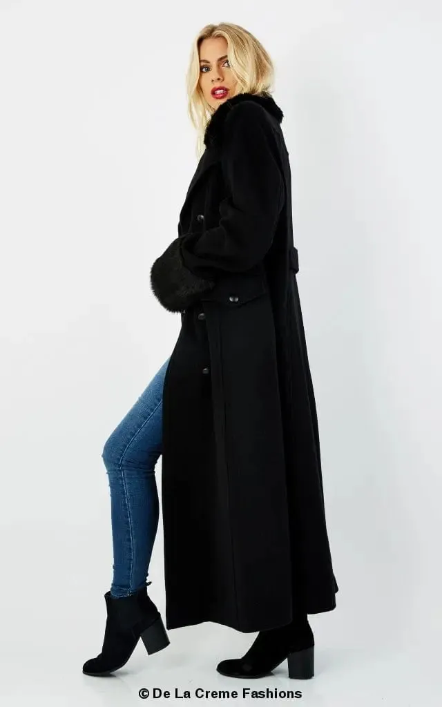 Wool Blend Faux Fur Trim Maxi Coat (2004-FUR) -Wool Blend Coat