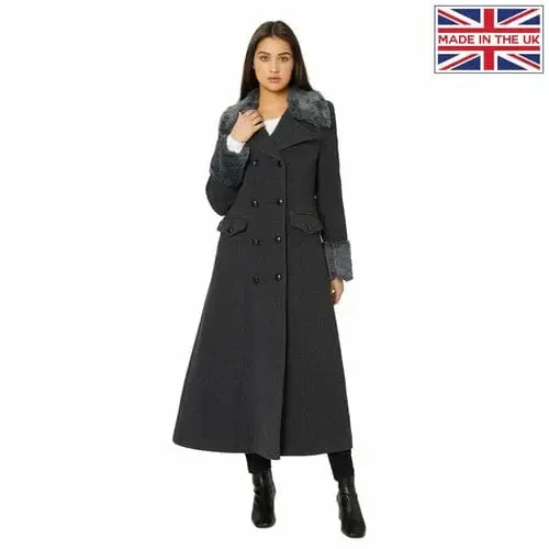 Wool Blend Faux Fur Trim Maxi Coat (2004-FUR) -Wool Blend Coat