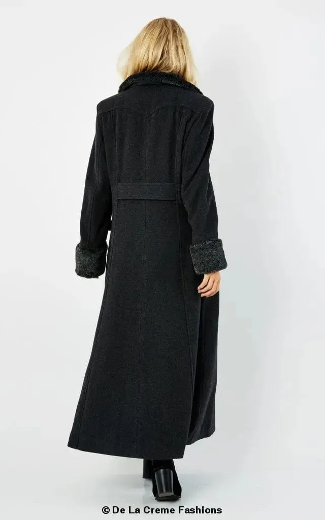 Wool Blend Faux Fur Trim Maxi Coat (2004-FUR) -Wool Blend Coat
