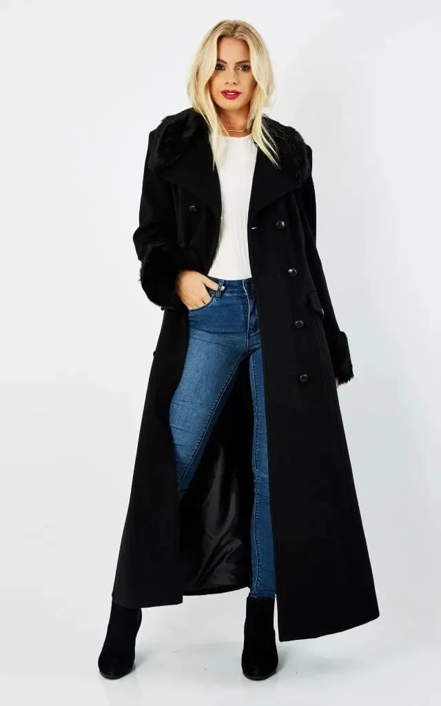 Wool Blend Faux Fur Trim Maxi Coat (2004-FUR) -Wool Blend Coat