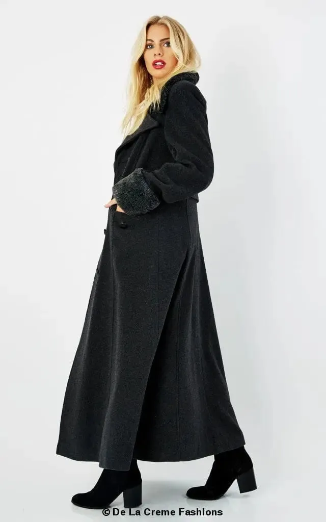 Wool Blend Faux Fur Trim Maxi Coat (2004-FUR) -Wool Blend Coat