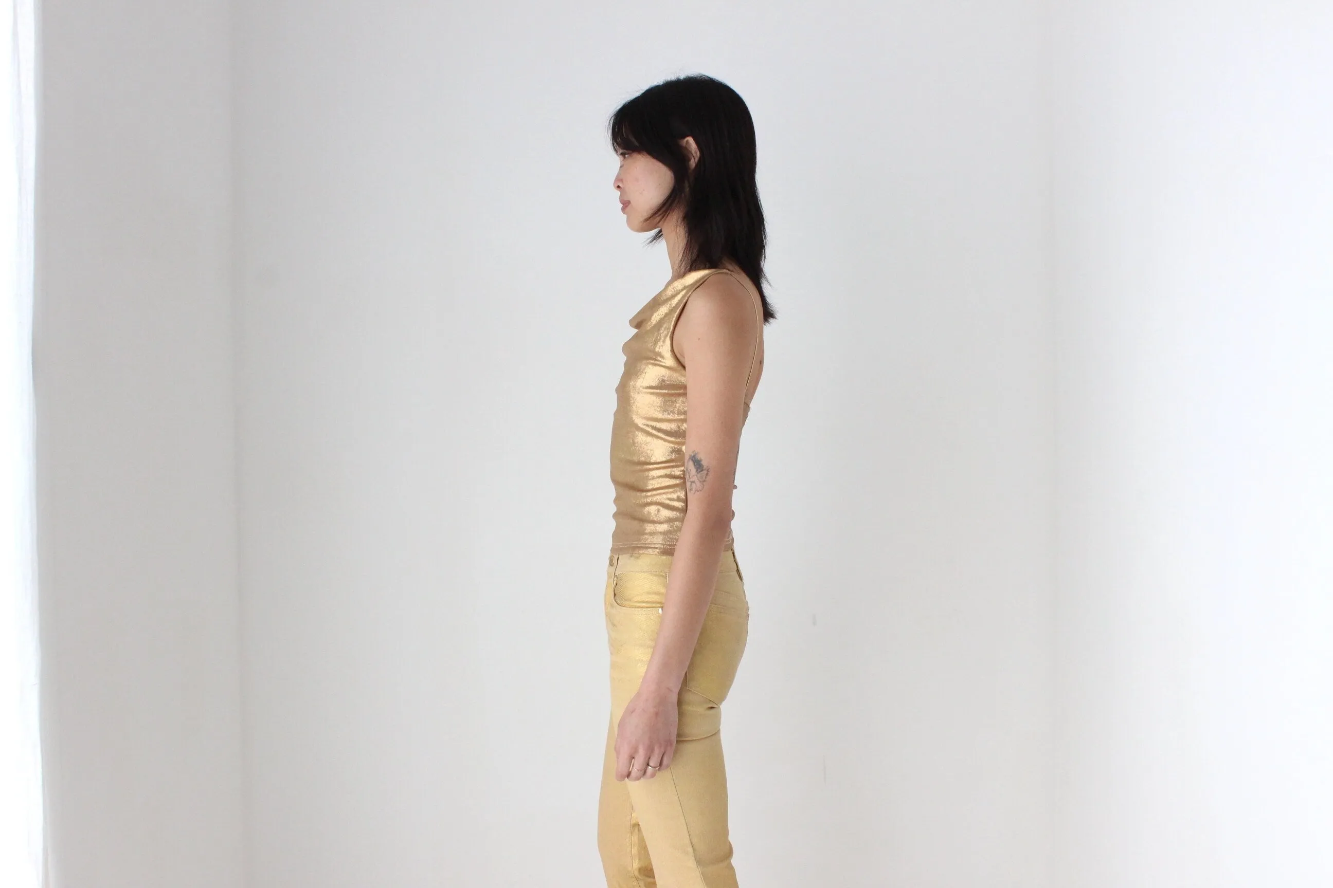 Y2K Liquid Gold Metallic Cowl Neck Disco Top